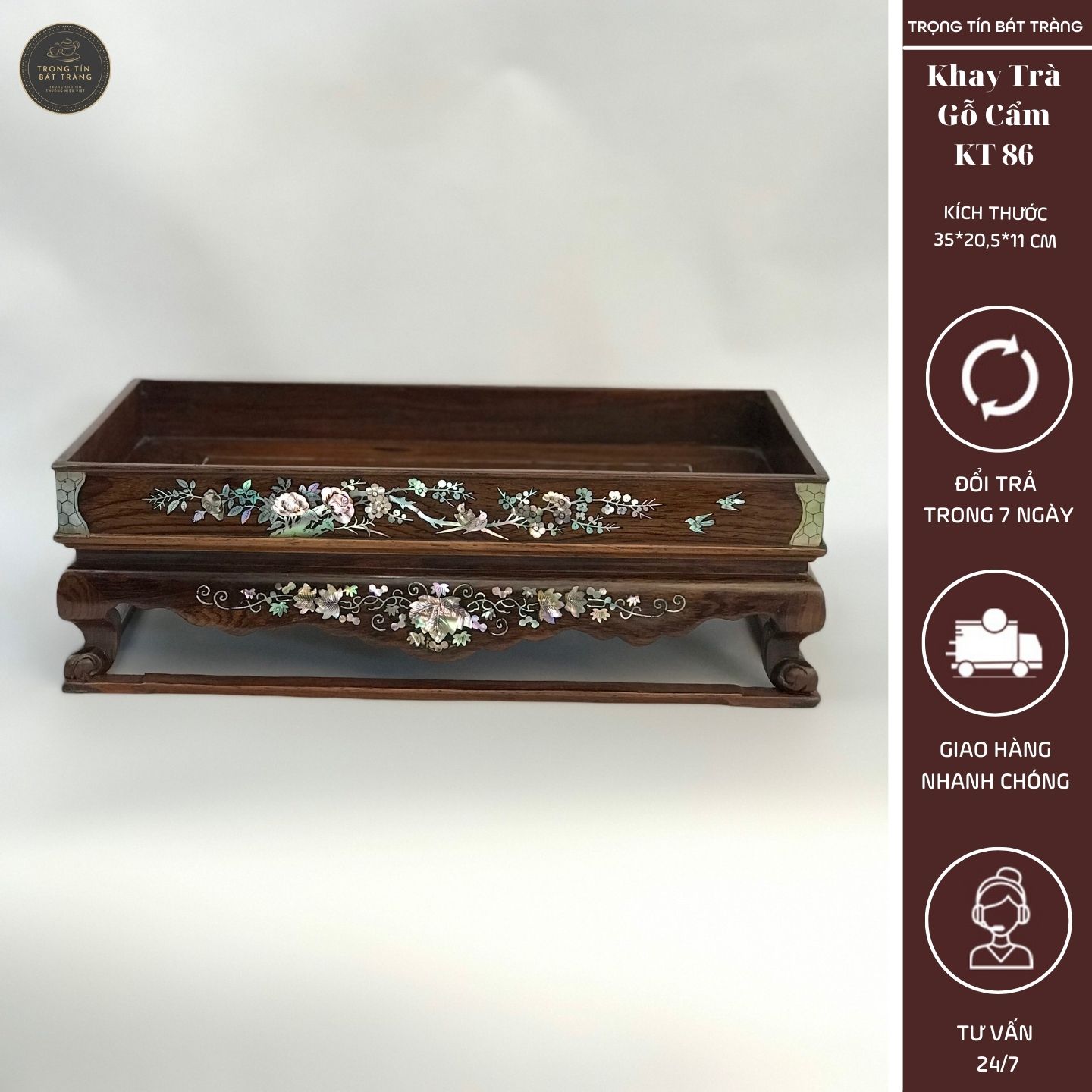 Khay Trà Gỗ Cẩm Hình Chữ Nhật Kích Thước 35*20,5*11 cm KT 86