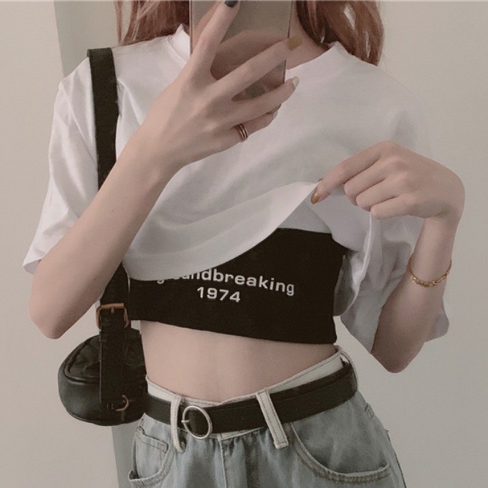 Set Áo Croptop Nữ Đẹp, Tay Ngắn, Áo ngoài Cotton - Áo trong bo Zíp