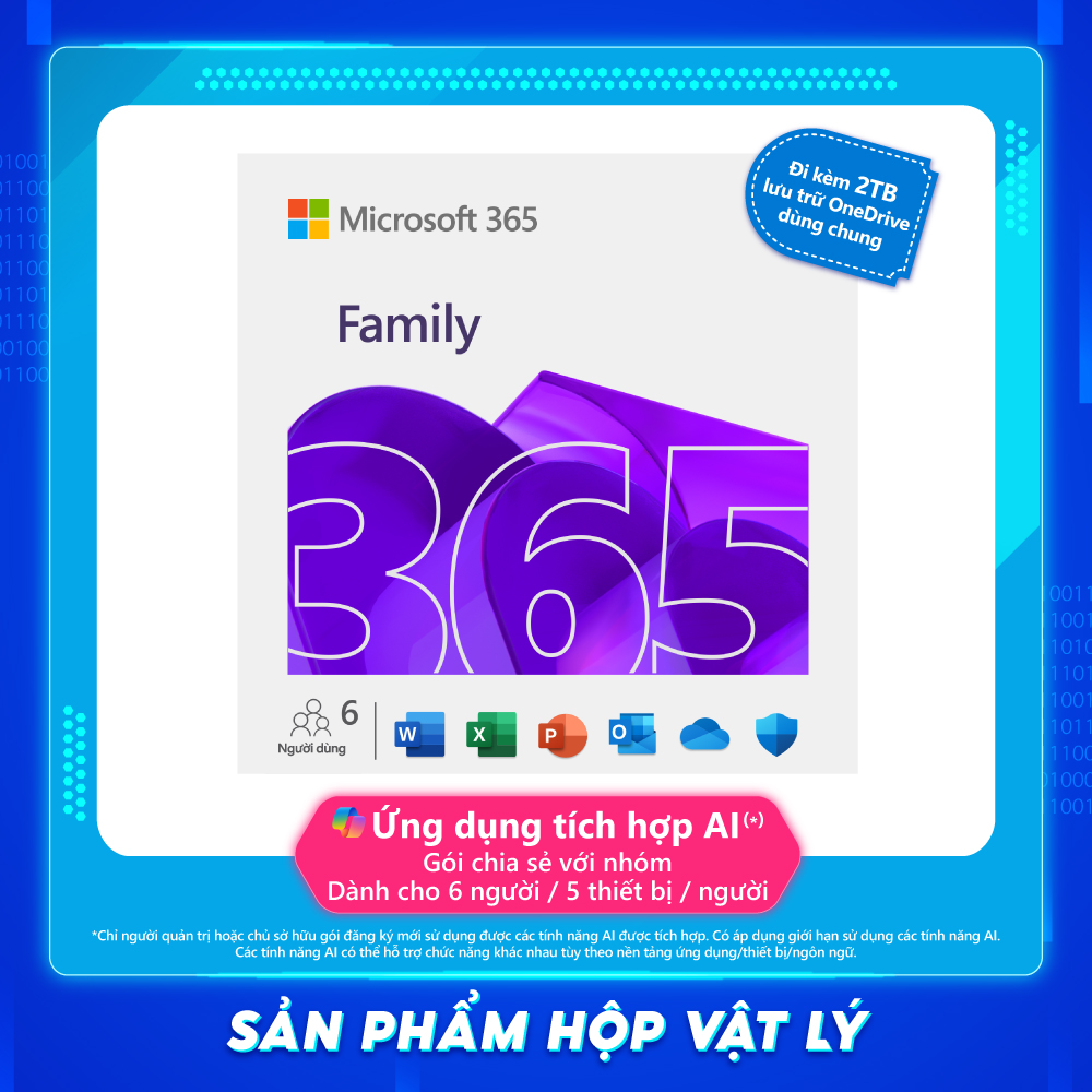 Phần mềm Microsoft 365 FAMILY Tối đa 6 người  12 tháng  2 TB OneDrive dùng chung  5 thiết bị  người