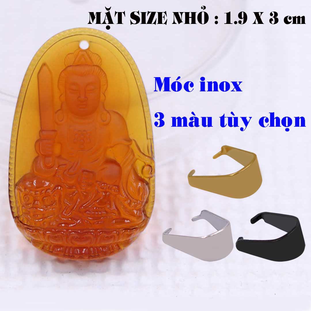 Mặt Phật Văn thù pha lê cam 1.9cm x 3cm  kèm móc dây chuyền inox vàng, Phật bản mệnh, mặt dây chuyền Phật giáo