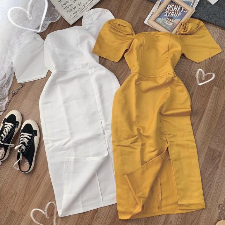 Đầm midi xẻ tà tay phồng xinh xắn ivy.fashion đi biển dự tiệc dạo phố bigsize gợi cảm sexy