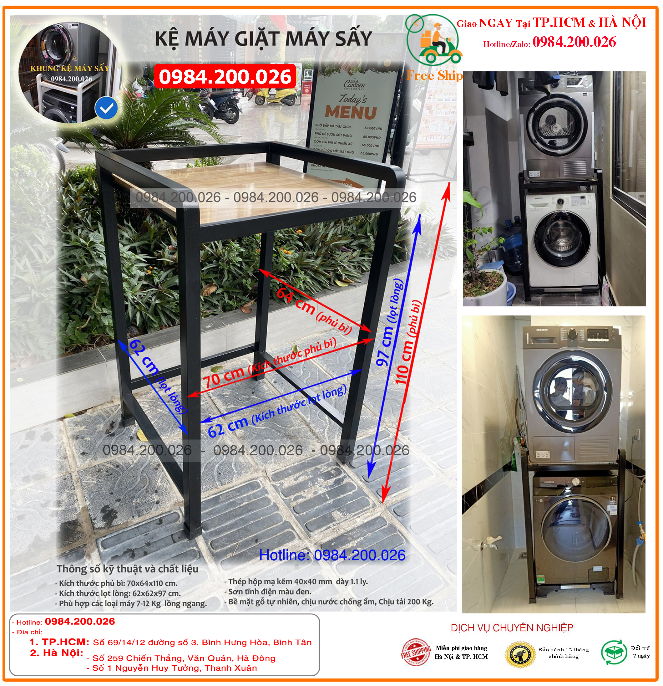 Kệ để máy sấy máy giặt giá rẻ-Giao ngay (Free ship) TP. HCM &amp; Hà Nội - Khung thép hộp 40x40 sơn tĩnh điện, mặt gỗ tự nhiên chịu tải 300Kg