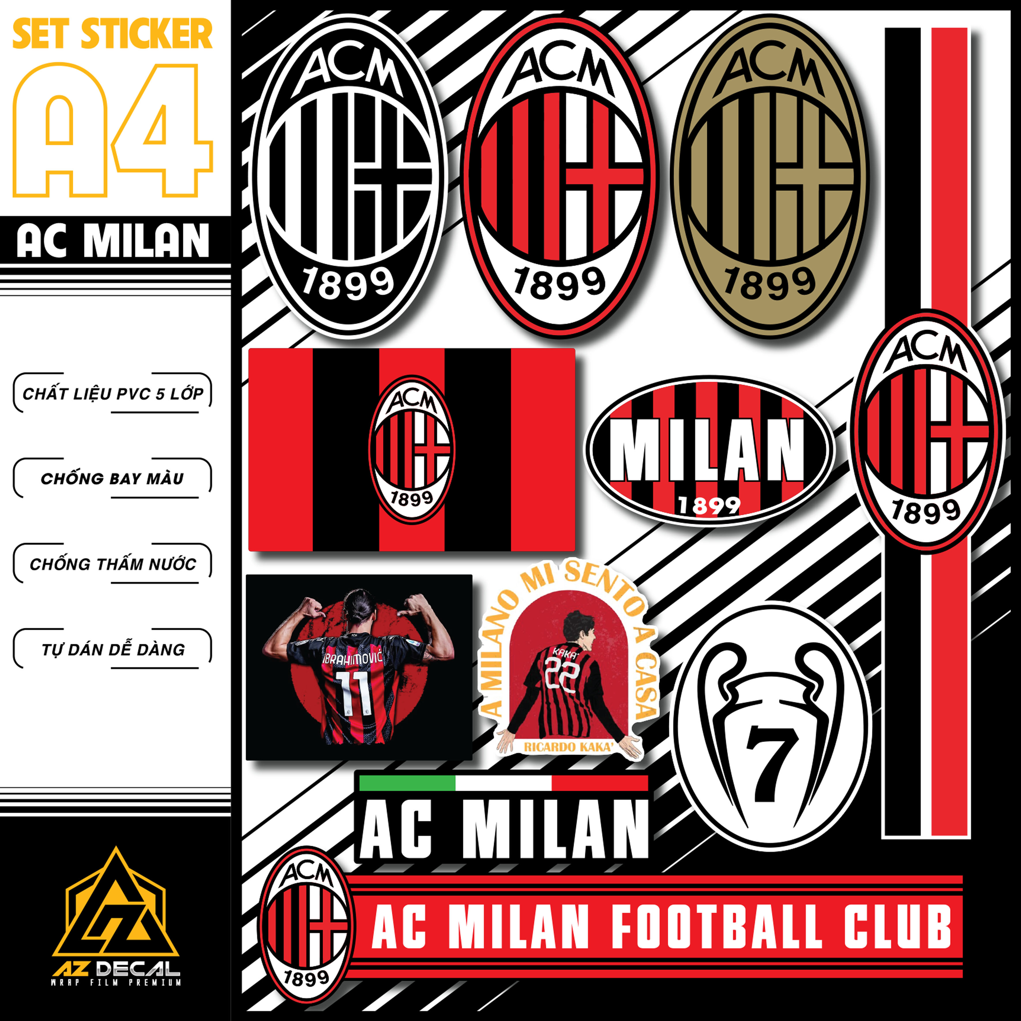 Sticker AC Milan Dán Xe, Dán Nón, Điện Thoại, Laptop - Hình Dán Logo Chất Liệu Chống Thấm Nước, Bền Màu