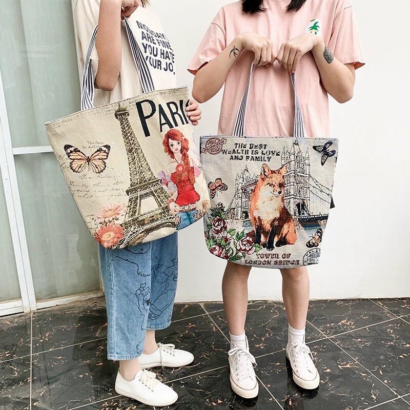 Túi tote vải in hình dễ thương chất liệu cói vải canvas cao cấp