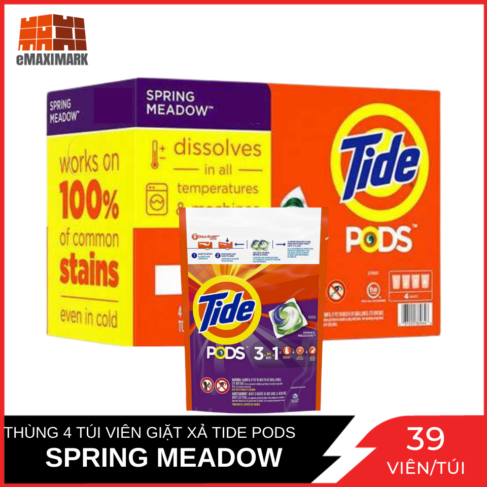 Nguyên thùng viên giặt xả Tide Pods Spring 4 túi X 39 viên (156 viên)