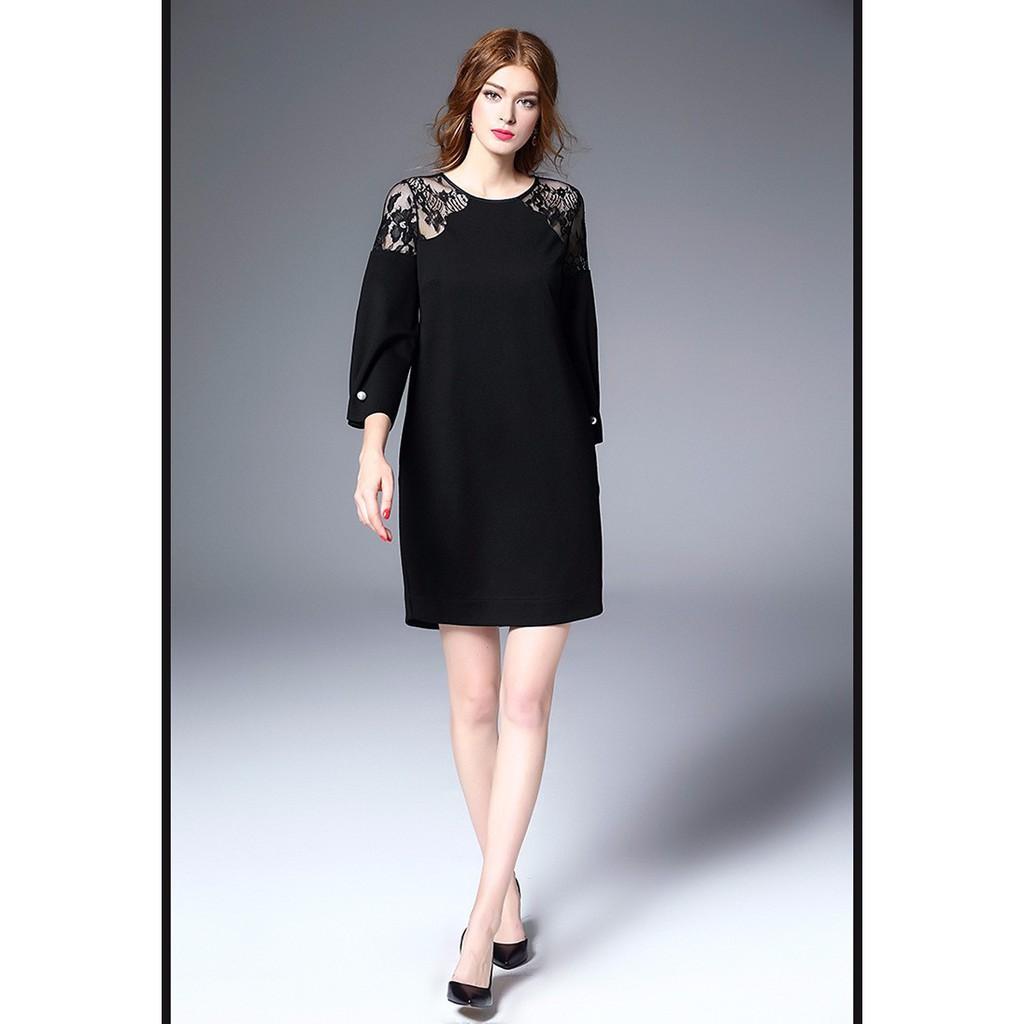 HÀNG ĐỦ SIZE: Đầm suông phối ren thu đông - DST01