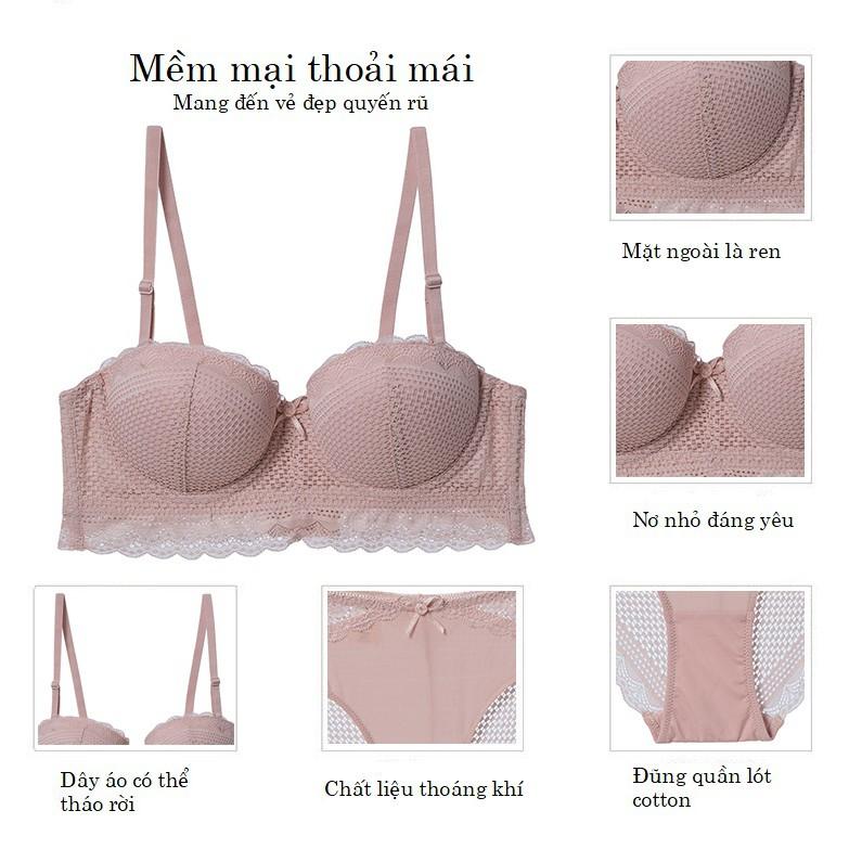 Bộ Đồ Lót Ren Quả Ngang Nâng Ngực Có Gọng Chống Tụt Tháo Được Dây S442