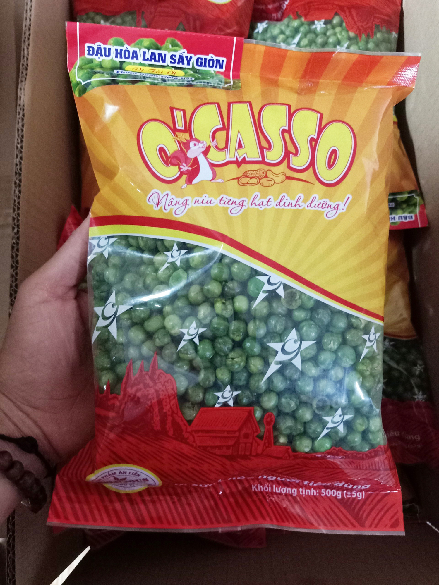 1kg Đậu Hòa Lan Sấy Giòn Vị Tỏi Ớt O'Casso 2 gói 500g