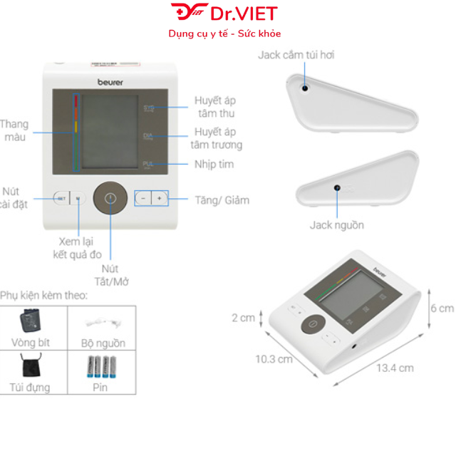 Máy đo huyết áp bắp tay hẹn giờ kèm adapter Beurer BM28A Chính hãng - Nhập khẩu Đức, cảnh báo nhịp tim, độ chính xác cao