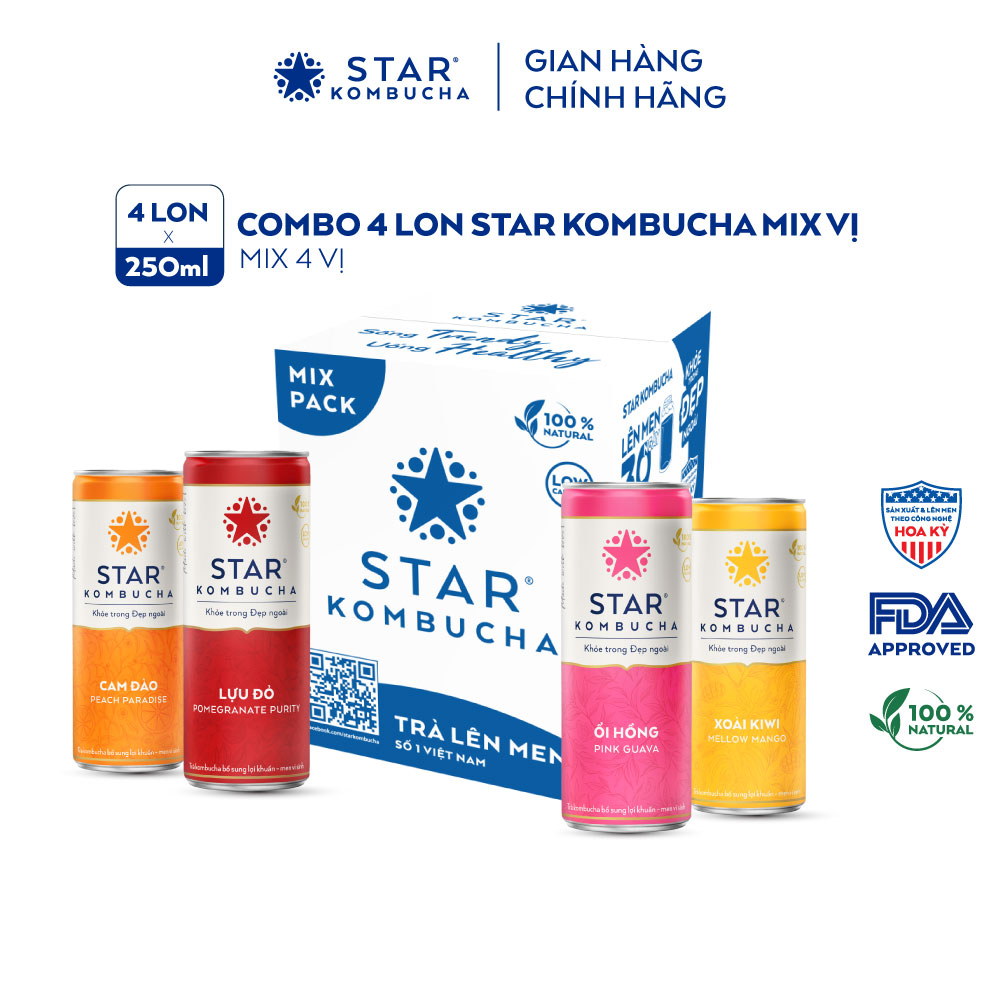 Combo 3 Lốc 4 lon trà STAR KOMBUCHA mix vị (250ml/lon)