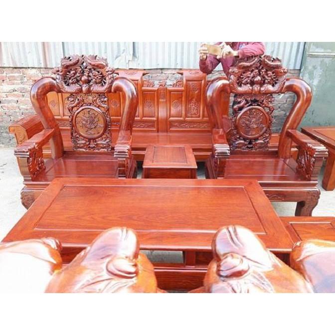 Bộ bàn ghế gỗ phòng khách rồng trầu mặt nguyệt gỗ hương vân