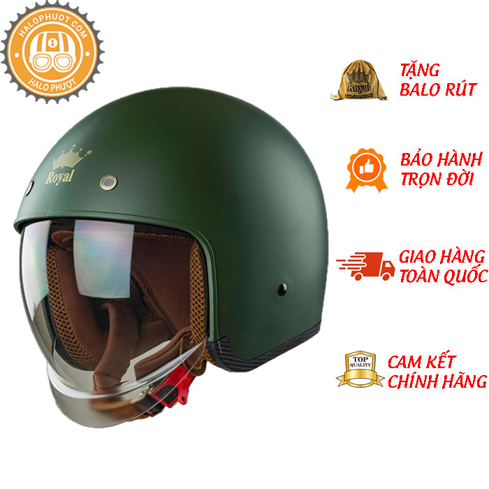 Nón bảo hiểm 3/4 ROYAL M139 có kính âm màu XANH LÍNH NHÁM