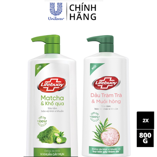 Combo 2 Sữa tắm Lifebuoy Detox và Bảo vệ khỏi vi khuẩn : Matcha &amp; Khổ qua, Dầu Tràm trà &amp; Muối hồng Chai 800G