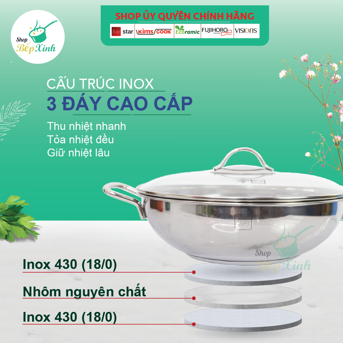 Nồi lẩu inox 430 bếp từ 3 đáy Fivestar 32cm