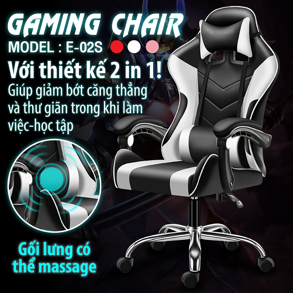 BG Ghế gaming dành cho game thủ MODEL E02-S WHITE - GỐI MASSAGE (hàng nhập khẩu)