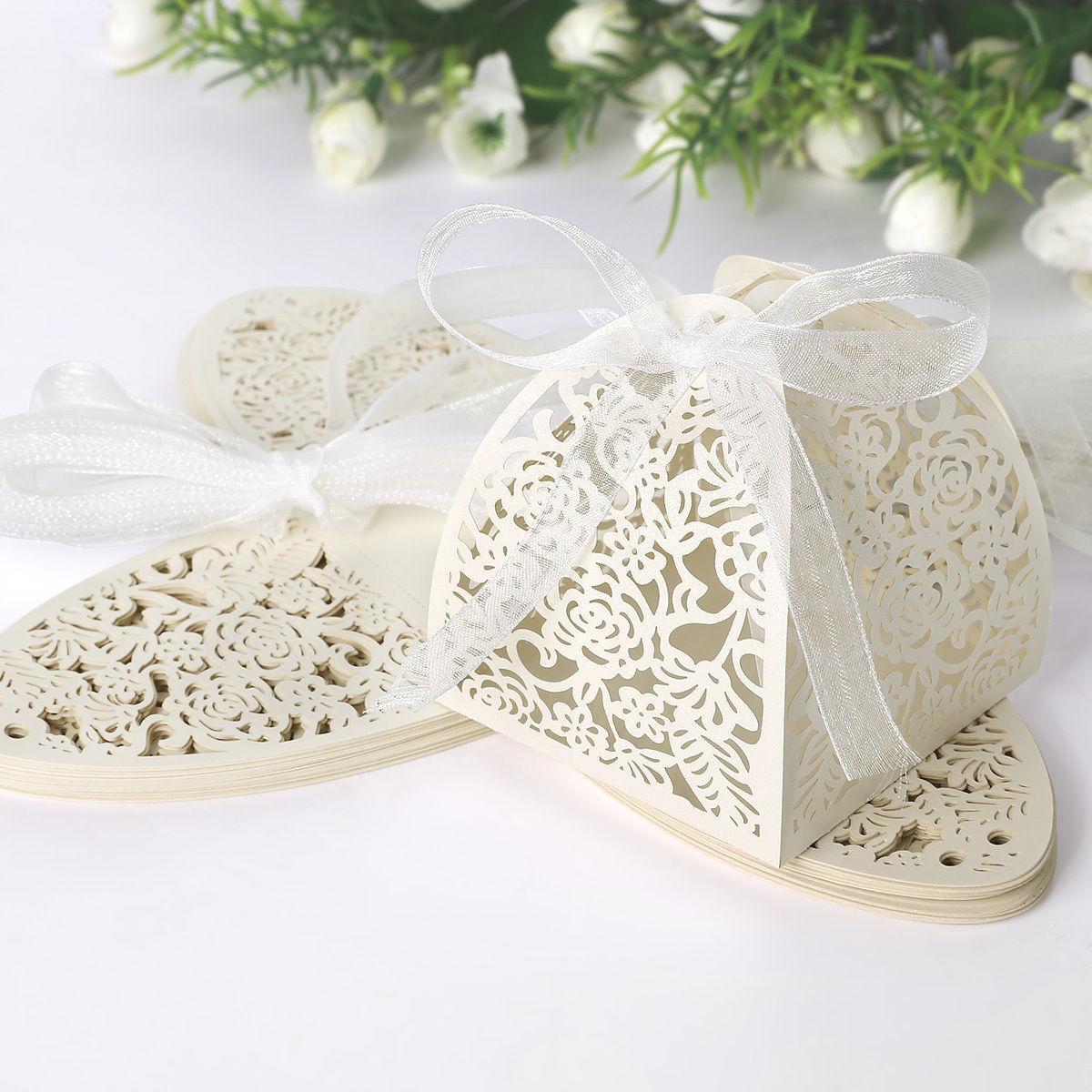 50pcs Rose Laser Cut Candy Boxes w/Ribbon Wedding Favors Baby Shower Boxes