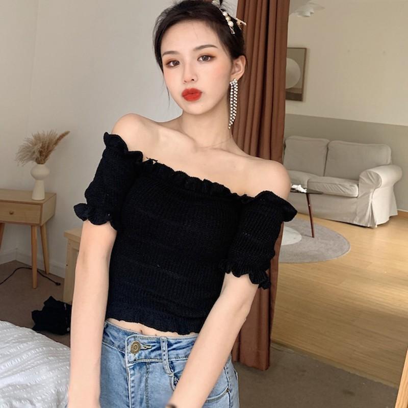 Áo Thun Dệt Kim Dáng Ôm Màu Trơn Phong Cách Hàn Quốc Cho Nữ