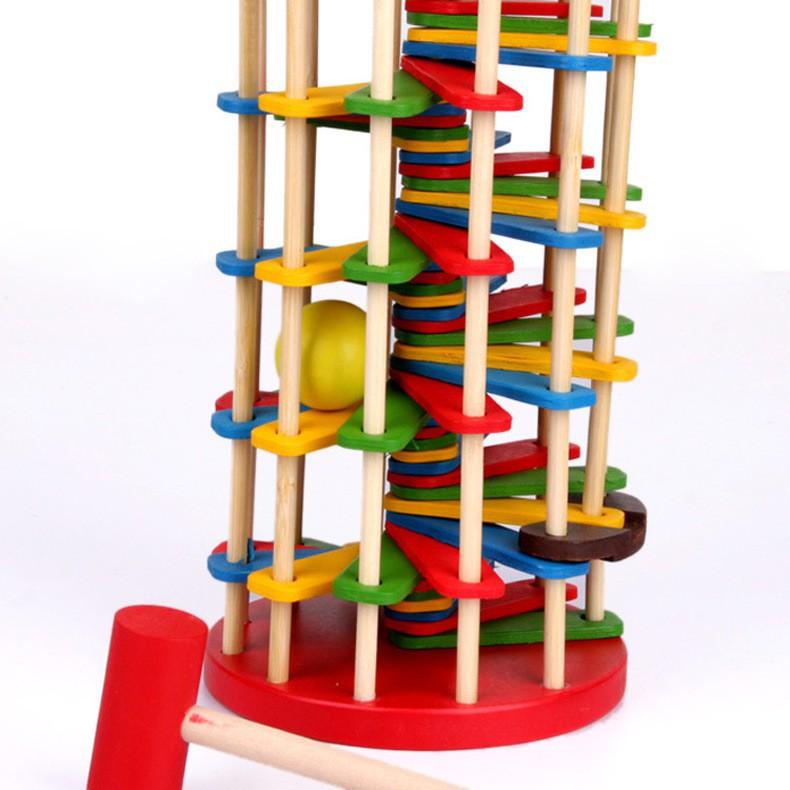 Đồ chơi gỗ Đập bóng bậc thang lốc Zíc zắc nhiều màu kích thích khám phá cho trẻ, luyện kỹ năng cơ bản