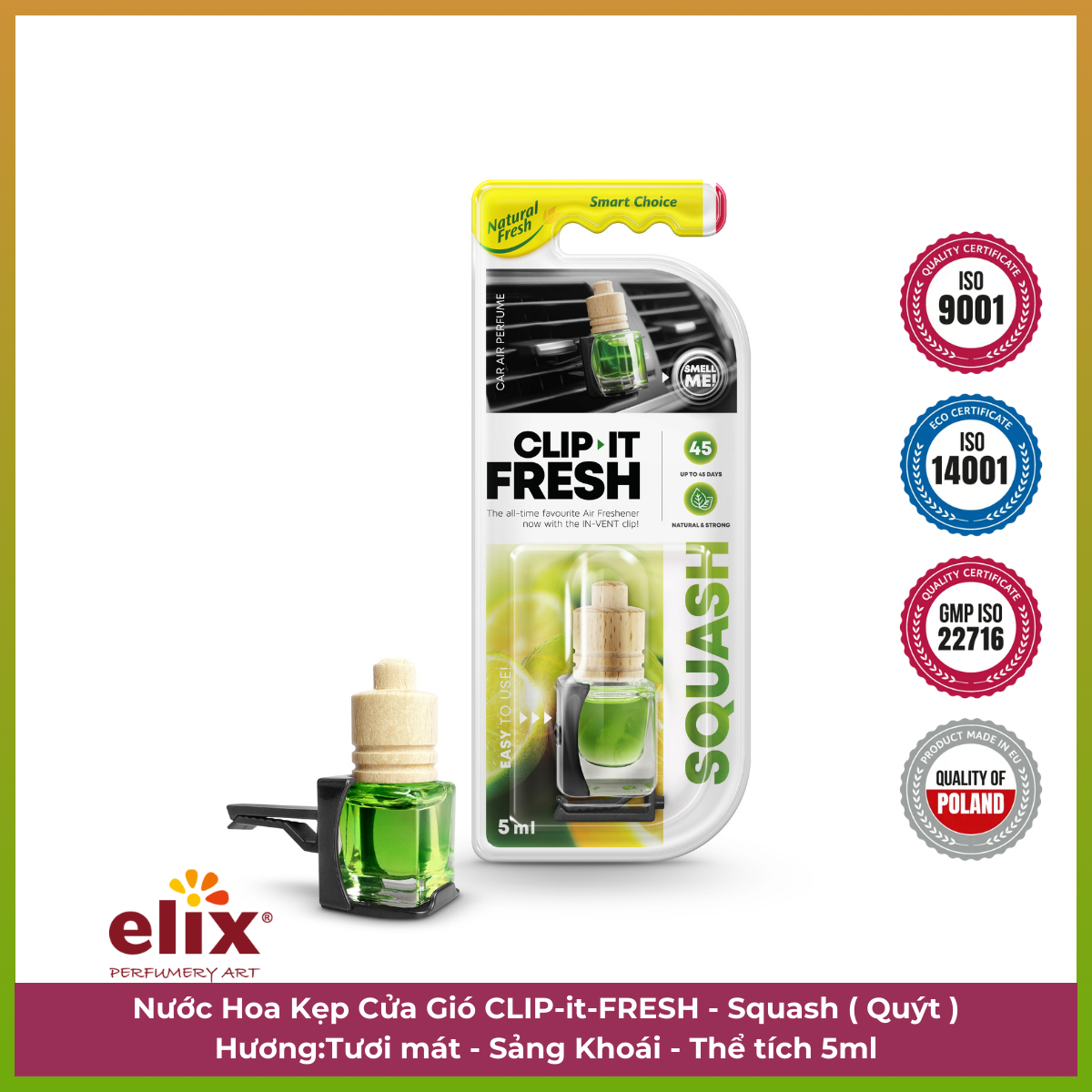 Nước hoa kẹp cửa gió ELIX - Clip it Fresh - Hương Squash ( Quýt )