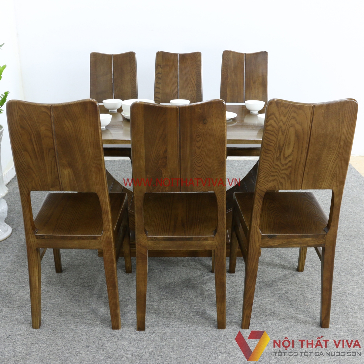 Bộ Bàn Ăn 6 Ghế Gỗ Sồi Nga Chân Bán Nguyệt Màu Óc Chó Đẹp Giá Rẻ