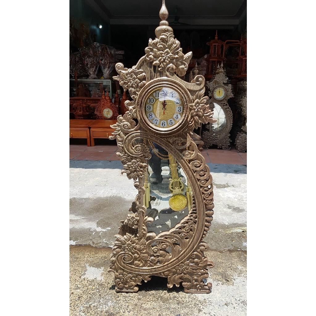 Đồng hồ hoa lá tây quả lắc gỗ mun đuôi công cao 110cm