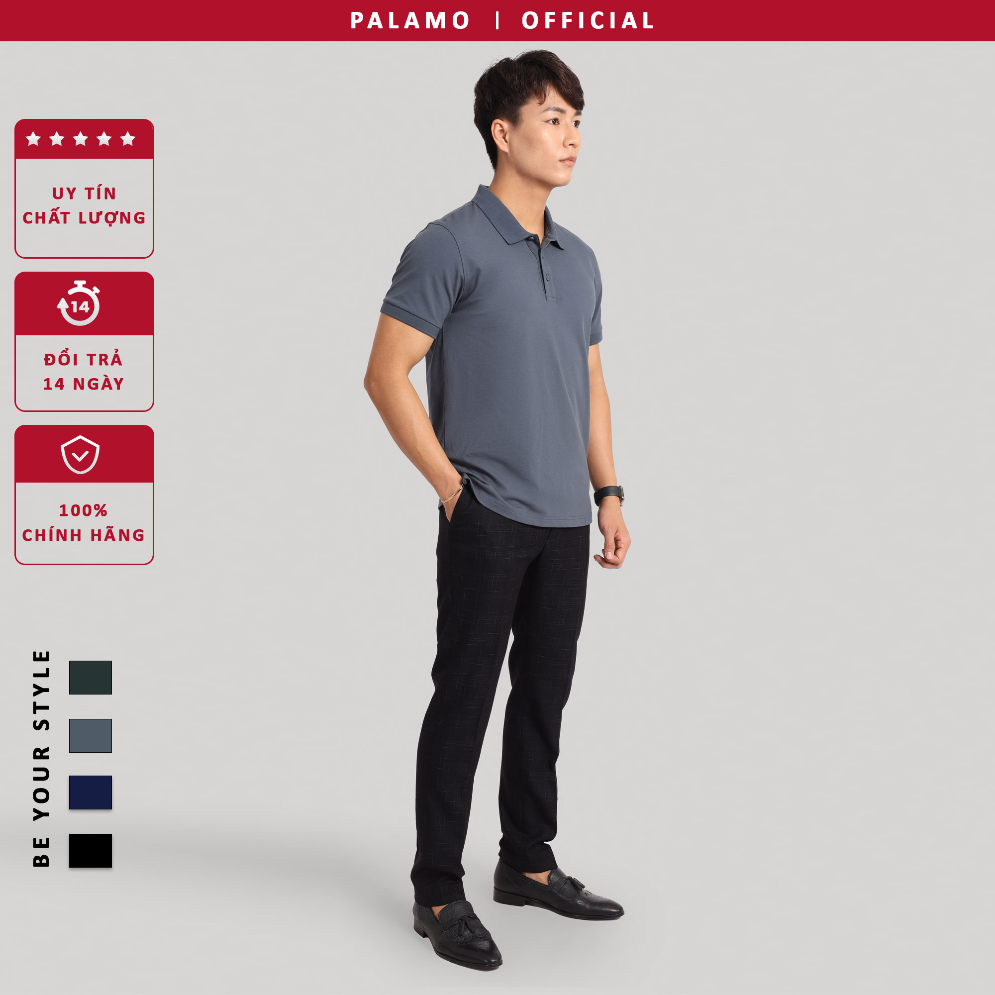 Áo phông polo nam Palamo classic, regular fit, cotton spandex / màu xanh rêu