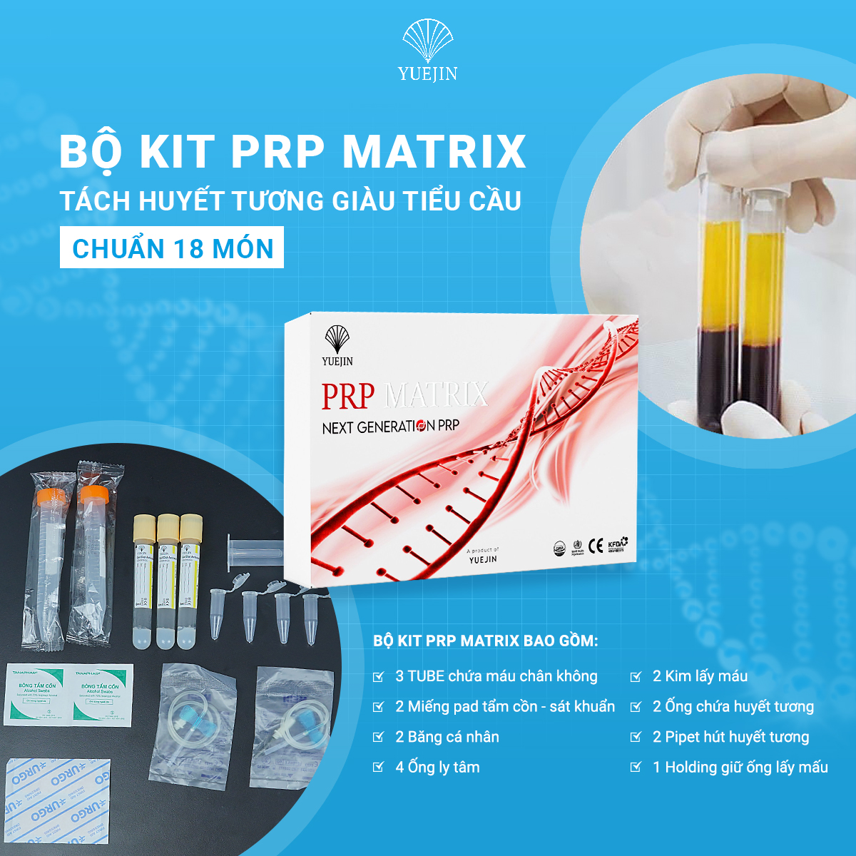 KIT PRP Matrix Yuejin - Bộ Kit tách huyết tương giàu tiểu cầu 18 món, có sẵn chất hoạt hóa (Hàng chuẩn công ty)