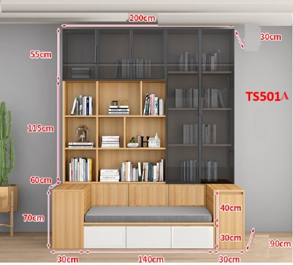 TỦ KỆ SÁCH CÁNH KÍNH KÈM GHẾ NGỒI TS501A - NỘI THẤT LẮP RÁP VIENDONGADV