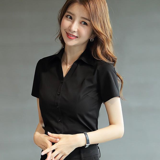 Áo sơ mi nữ form body tay ngắn / tay dài vải kate màu đen / trắng