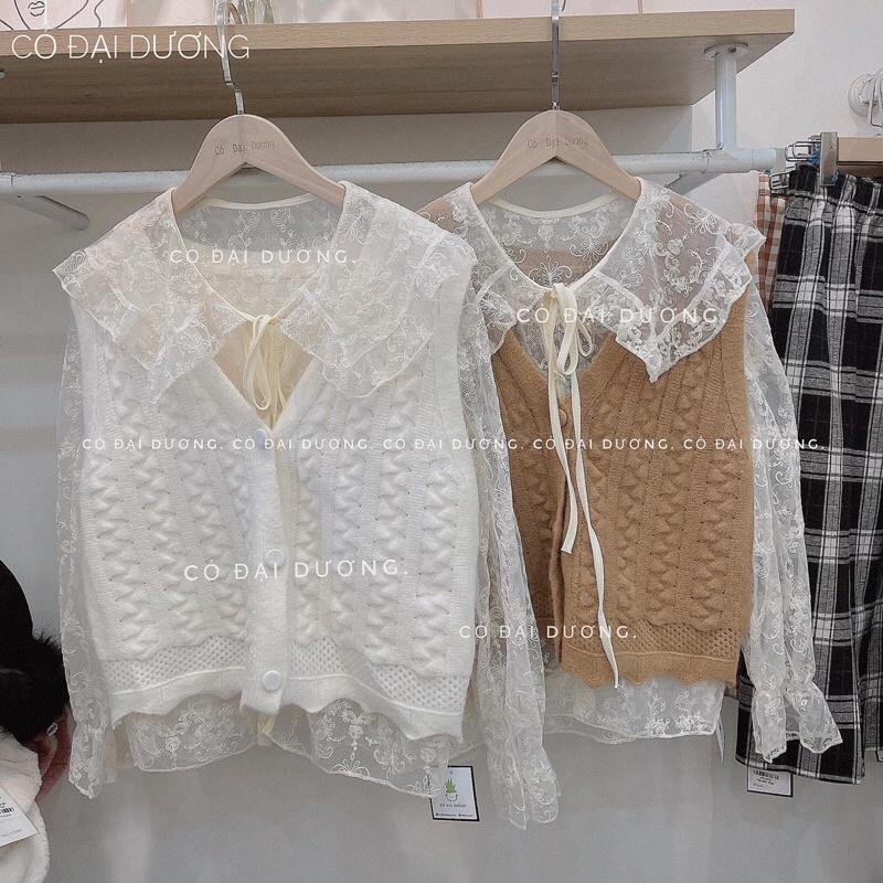 Set áo gile cúc kèm áo ren cổ bẻ