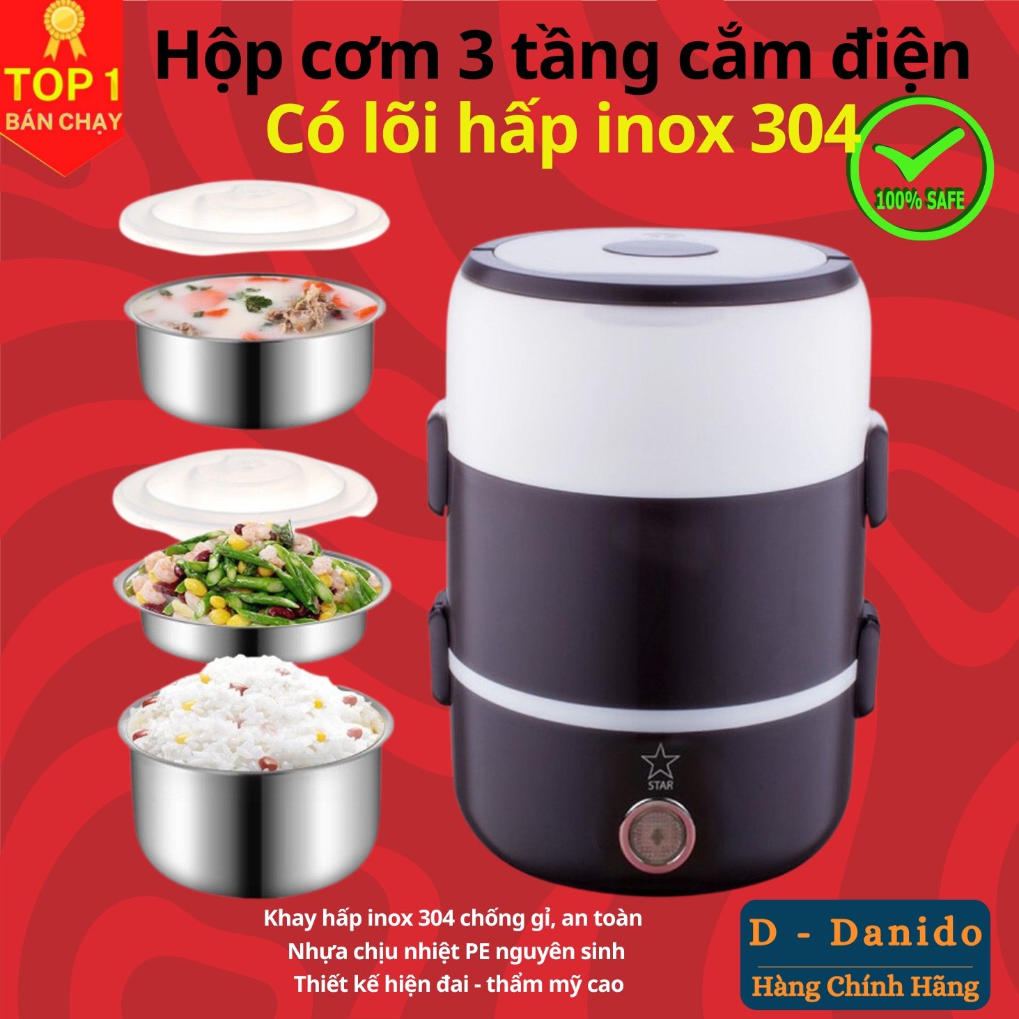 Bộ hộp cơm giữ nhiệt văn phòng cao cấp inox, Cặp lồng cơm 3 tầng cắm điện - Chính hãng D Danido