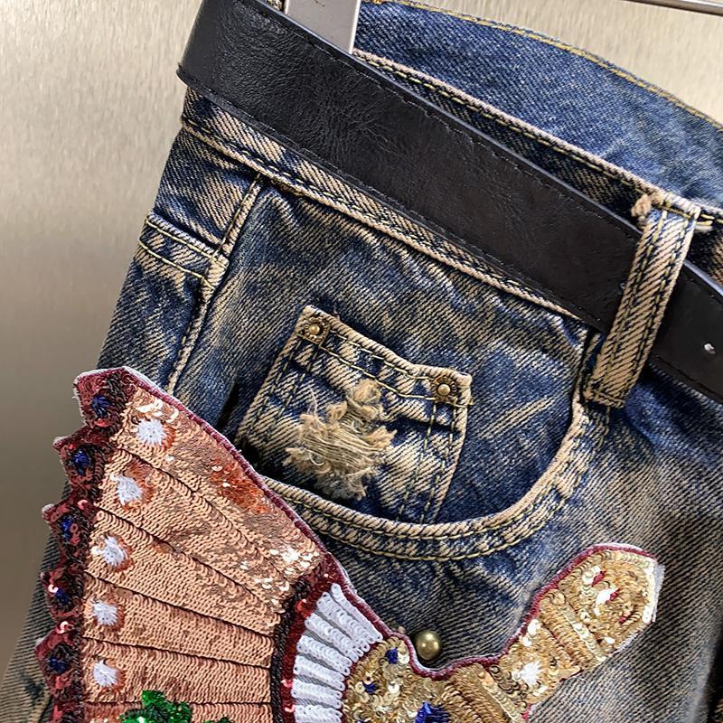 Quần Short Denim Ống Rộng Đính Đá Kiểu Retro Châu Âu Cá Tính Cho Nữ