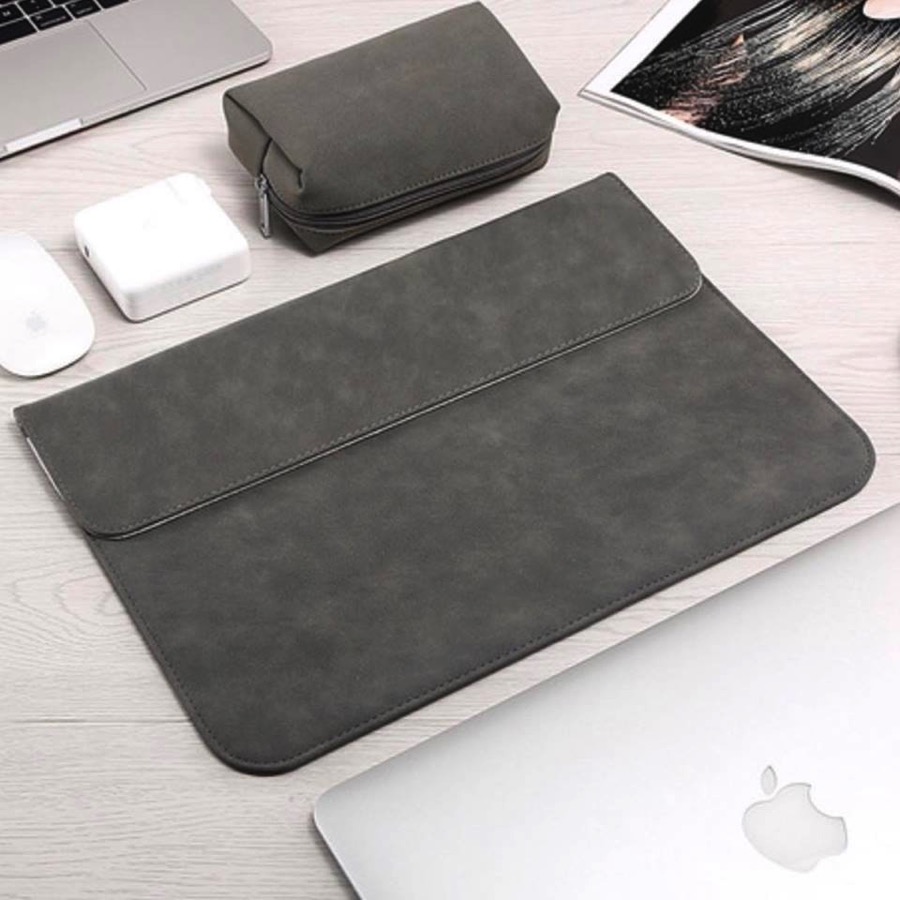 Bao da, túi da, cặp da chống sốc cho macbook, laptop chất da lộn kèm ví đựng phụ kiện - Xám - Macbook Pro 13.3 inch đời 2015 về trước