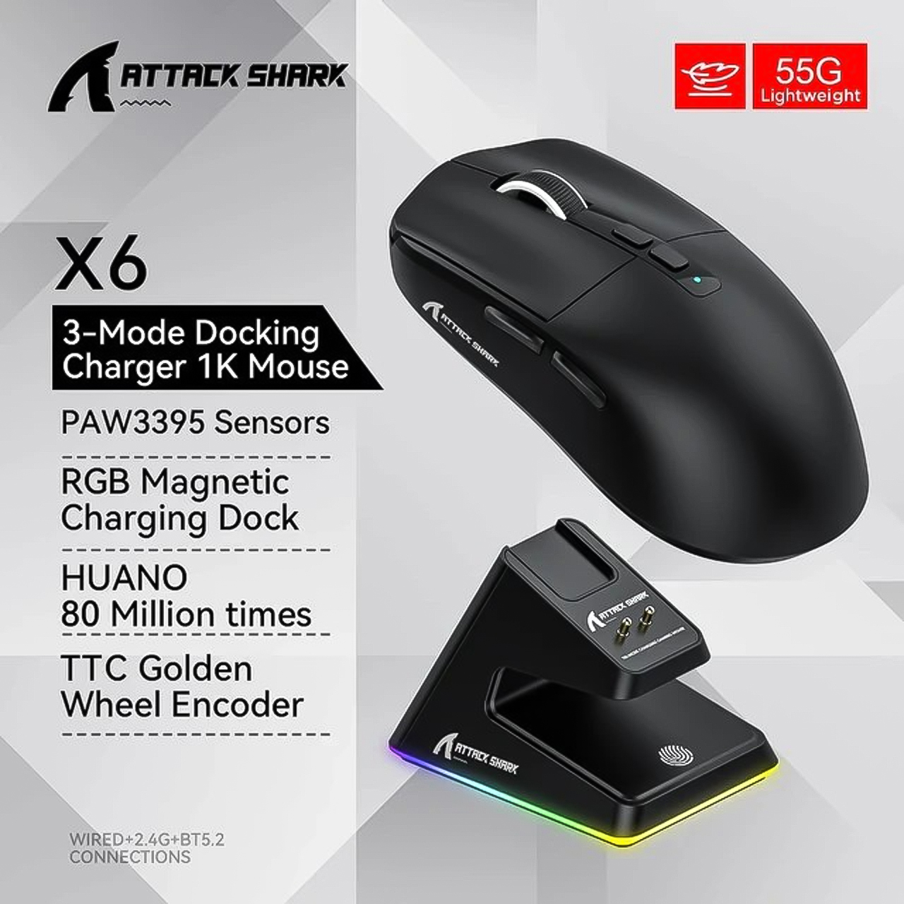 Chuột bluetooth không dây chip PAW3395 Vinetteam Attack Shark X6 dock sạc không dây, led RGB siêu nhẹ - hàng chính hãng