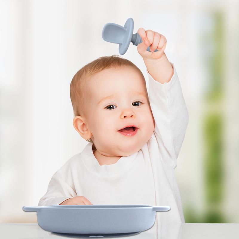 100% Thực Phẩm An Toàn Tán Thành Silicone Bộ Đồ Ăn Cho Bé Bộ 3 Thìa Ăn Uống Cho Ăn Món Ăn Tấm Khay Đựng Thực Phẩm Huấn Luyện Mini Giỏ Muỗng Nĩa