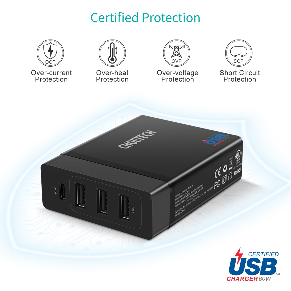 Cóc củ sạc nhanh 72W 3 cổng USB & 1 cổng PD Type-C 3.0 hiệu CHOETECH 1C3UEU-101BK cho điện thoại / máy tính bảng / Macbook / Laptop - Hàng chính hãng