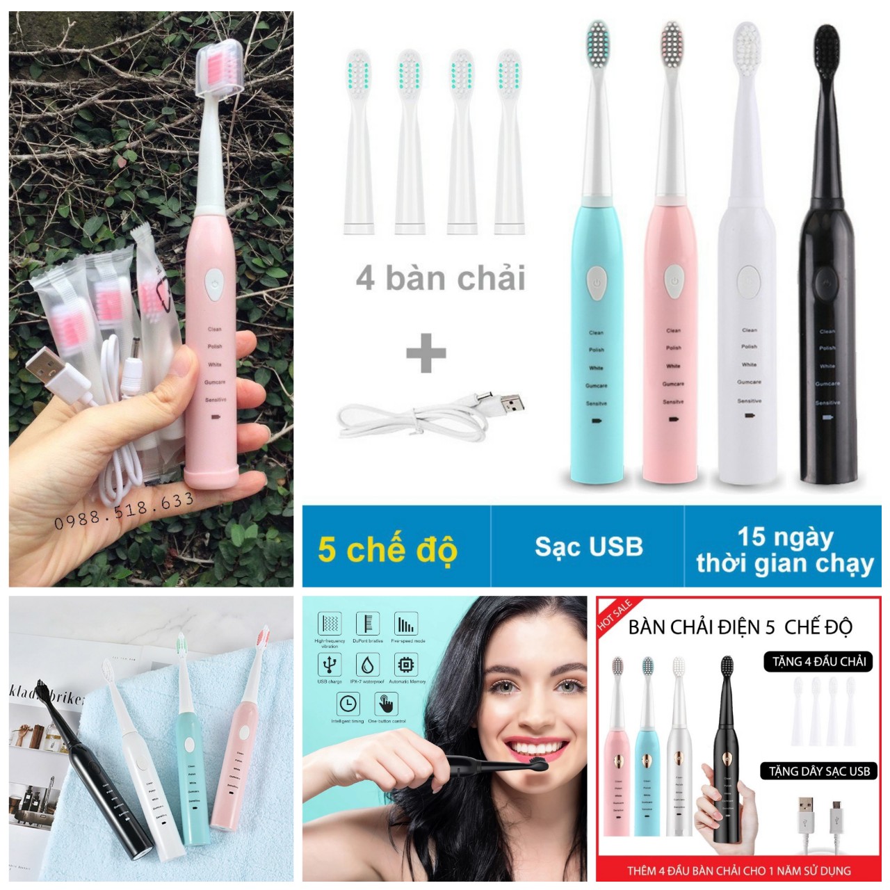 Bàn Chải Đánh Răng Điện PRO - Công Nghệ Sóng Âm, Chải Sạch Mảng Bám mẫu mới sạc điện loại tốt