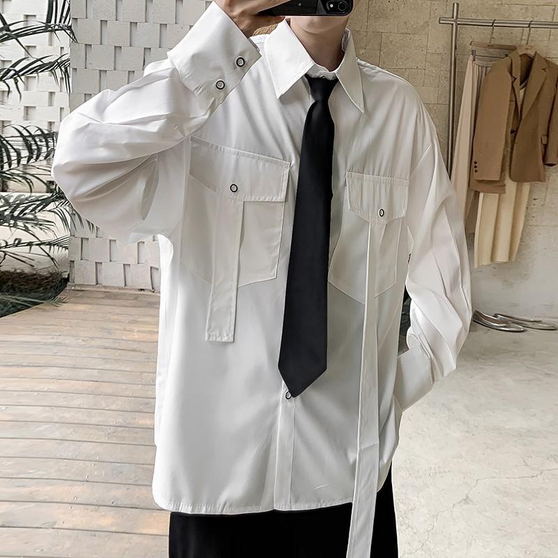Áo sơ mi dáng rộng tay dài phối 2 túi phong cách hip hop cho nam