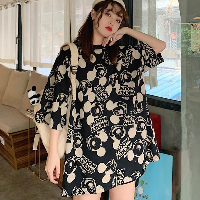 Áo thun tay ngắn cổ tròn dáng rộng in họa tiết hoạt hình đáng yêu cho nữ