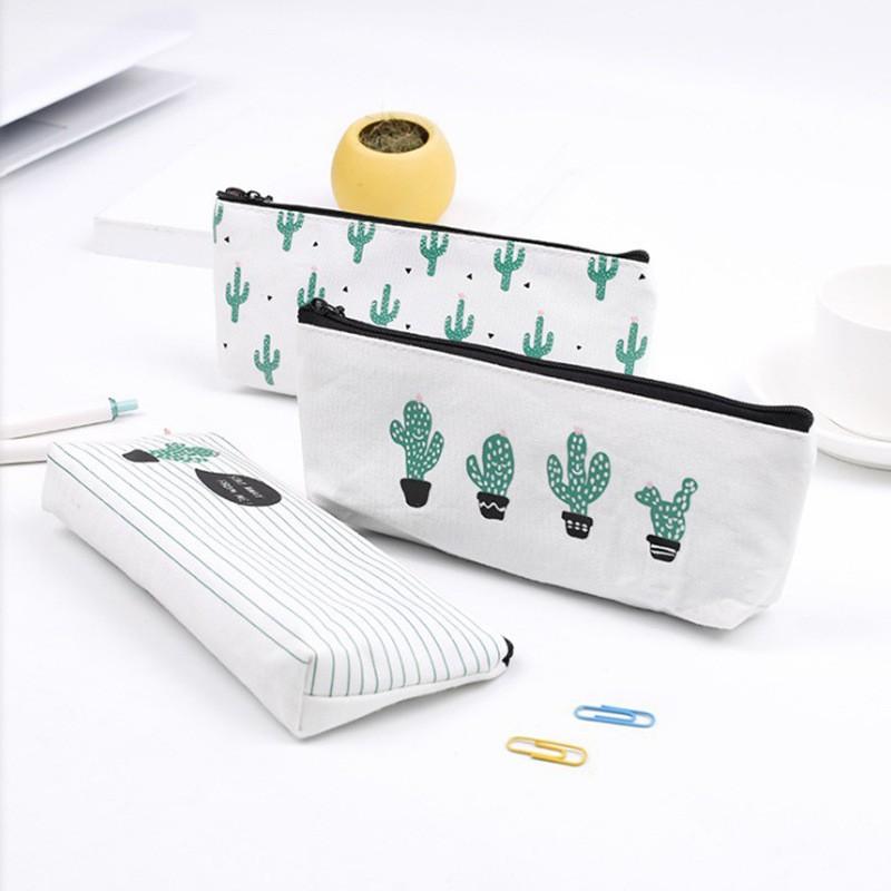 Túi Đựng Bút Bằng Vải Canvas In Họa Tiết Xương Rồng Xinh Xắn Cho Nữ