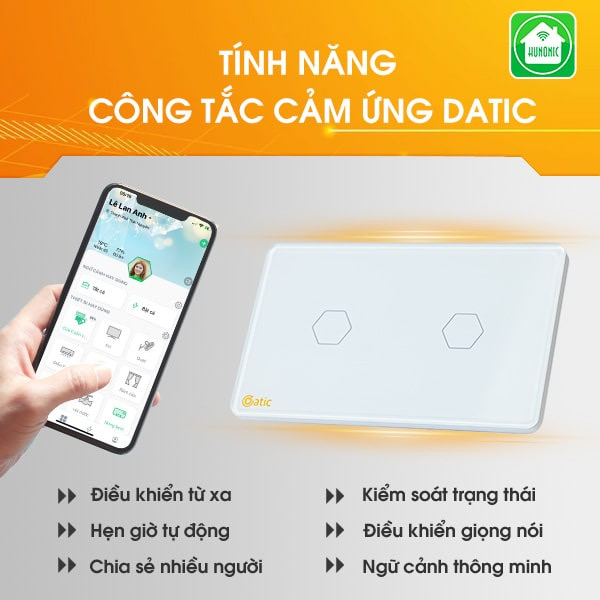 Công tắc thông minh HUNONIC DATIC 2 nút màu trắng - Điều khiển từ xa bằng điện thoại,Hàng Chính Hãng