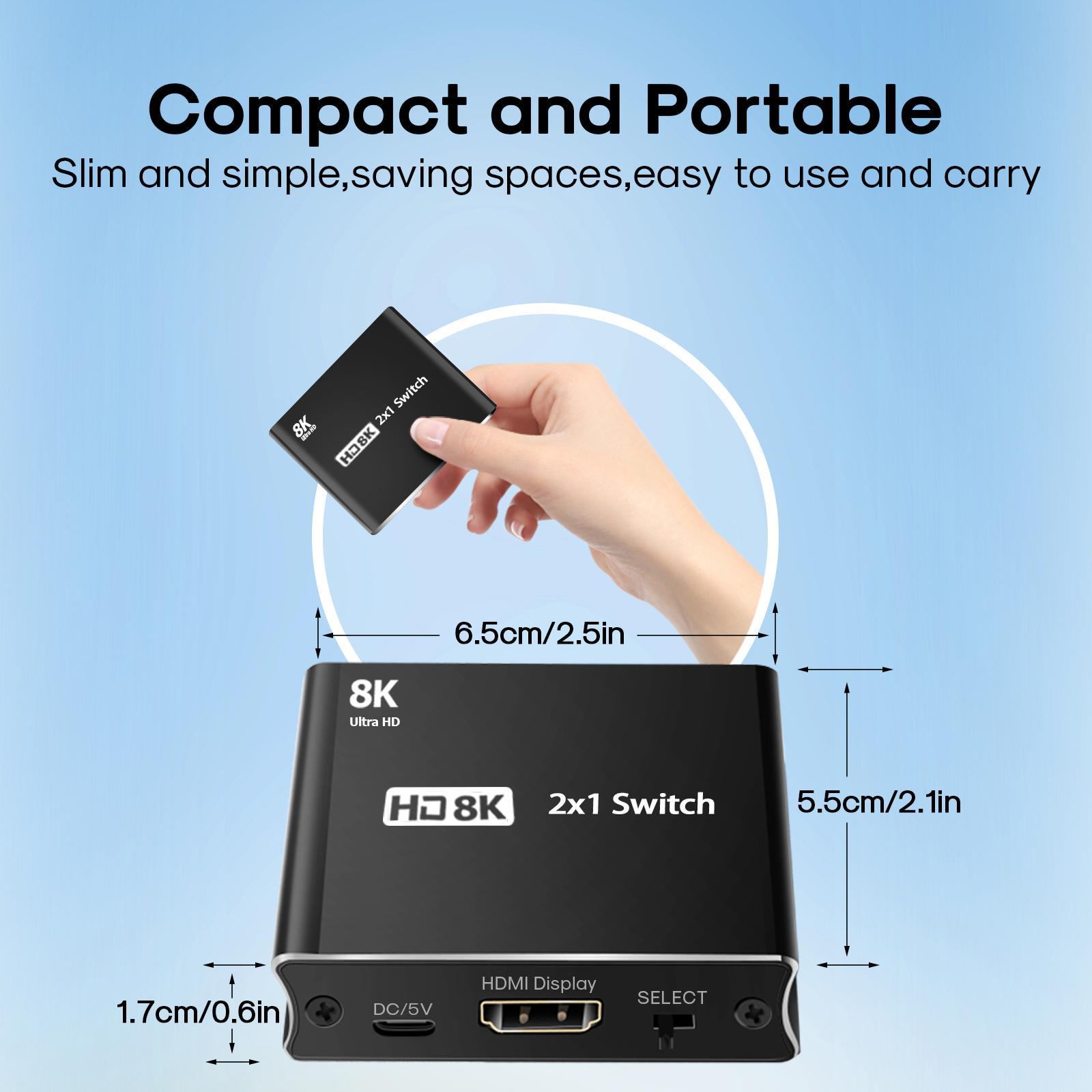 2x1 Switch 8K HDMI 2.1 Splitter ,2 in 1 Out ,High Speed ,8K 60Hz Signal Display 4K 120Hz 8K HDMI Switch Switcher for PS5 Laptop Monitors DVD