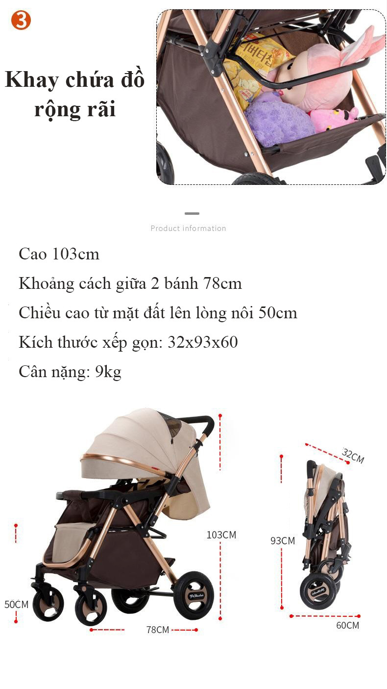 Xe Đẩy em bé 2 Chiều Gấp Gọn,Thiết Kế Châu Âu, Năng Động, Hợp Kim