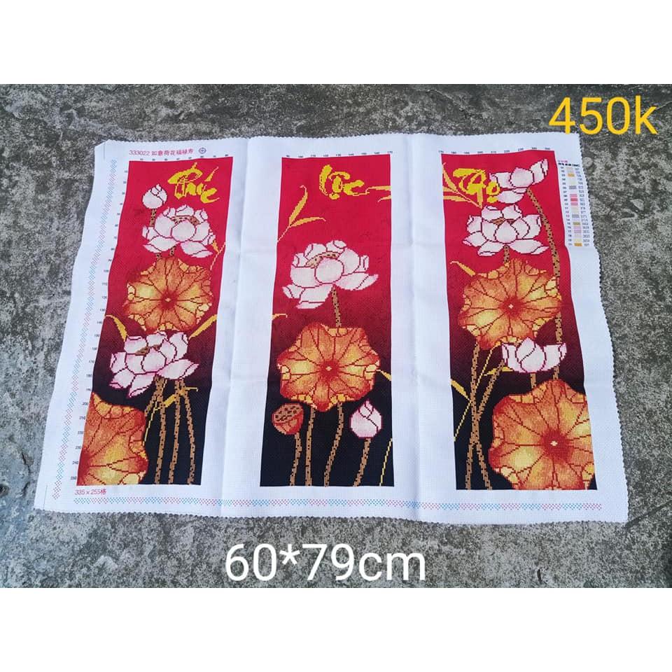 Tranh thêu phúc lộc thọ hoa sen đỏ