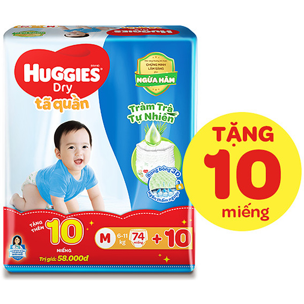 Tã Quần Huggies Dry Tràm Trà Tự Nhiên Gói Cực Đại M74 (74 miếng) + Tặng 10 miếng