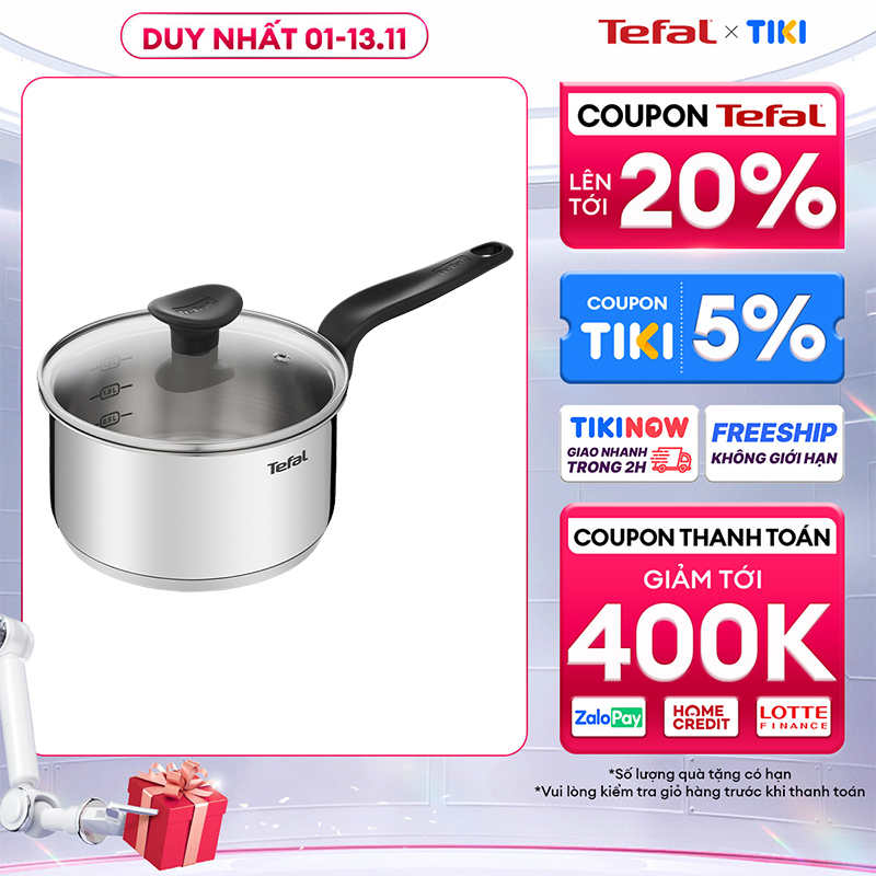 Nồi inox cán dài Tefal Primary 18cm, 2.1L, dùng cho mọi loại bếp- Hàng chính hãng