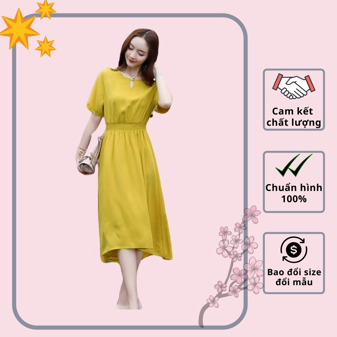 Đầm suông voan eo nhún thun màu vàng vintage - VN111801