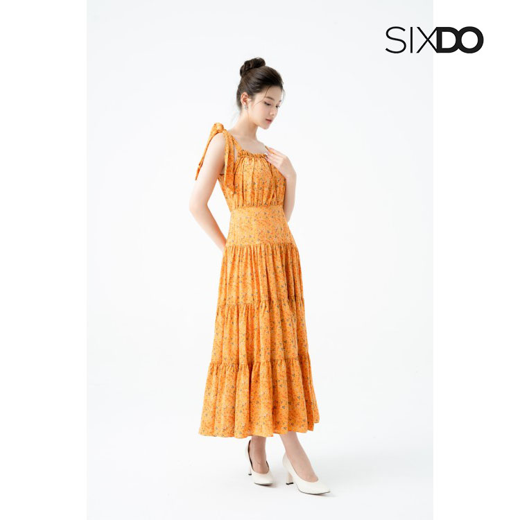 Đầm midi hoa lụa hai dây thắt nơ thời trang SIXDO