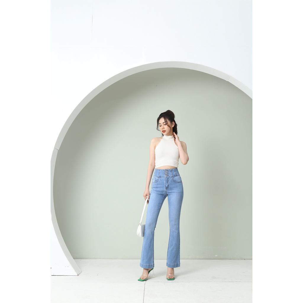 Quần Jean Nữ Ống Loe Lưng Cao 3 Cúc Co Giãn Trơn Dáng Dài Gấu Bản To CT Jeans