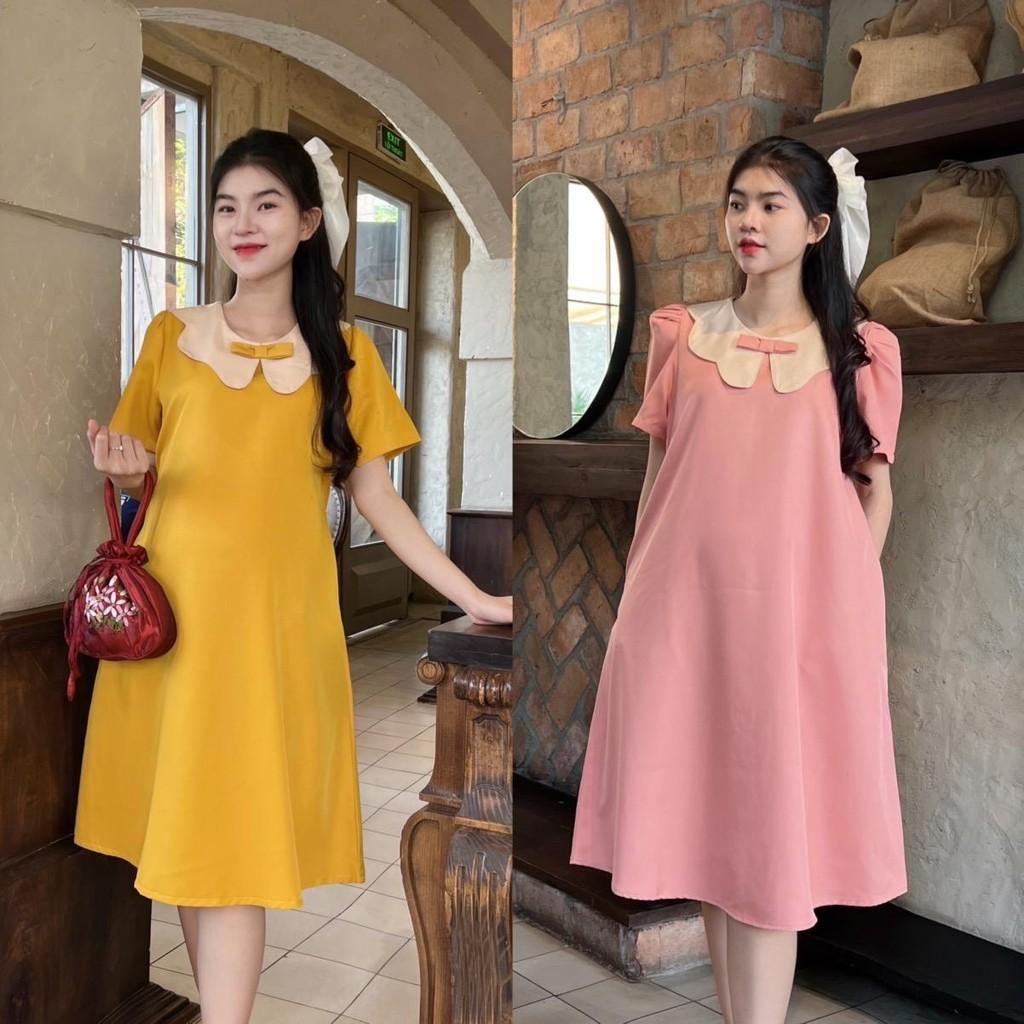 Đầm bầu công sở cổ sen phối nơ chất cotton lạnh phom suông gọn dáng thanh lịch - Xanh đậu